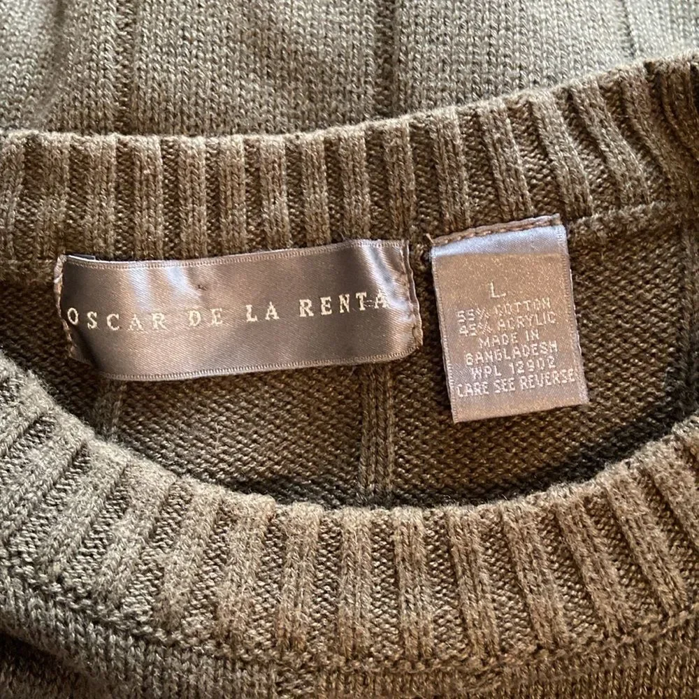 Oscar de la Renta Olive Green Long Sleeve Cable Knit Sweater Size Large